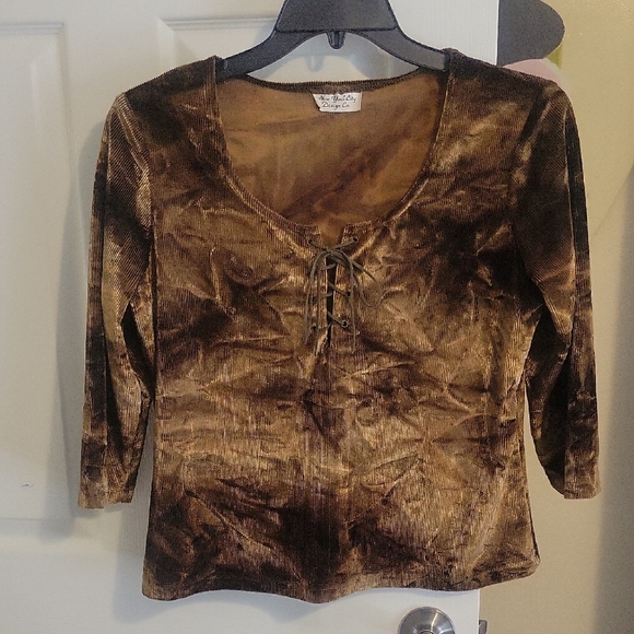 New York & Company Tops - New York City Design Company Boho Metallic Velvet Crop Lace-Up Top - Rich Brown